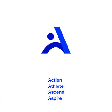 Minimalist letter A logo incorporating abstract human figure silhouette, flat vector design for corporate identity, sports, healthcare, education, and community branding. Clean, scalable, modern icon 