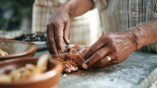 Close-up of hands seasoning meat. Senior man prepares traditional cuisine. Authentic cooking process with spice. Rustic kitchen setting, possibly Mexico. Delicious meal preparation underway.