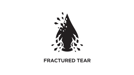 Obraz premium A striking black logo featuring a fractured tear drop with shattered pieces, conveying a sense of brokenness and emotional distress on a clean white background.
