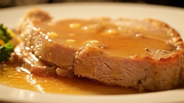 Appetizing close-up of juicy slow-cooked meat slices smothered in a rich, homemade brown gravy or glaze on a dinner plate.
