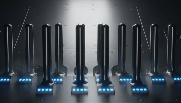 Array of futuristic polished steel levers with glowing blue lights on a control panel