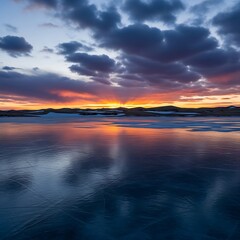 Obraz premium Serene Sunset over Calm Water Landscape.