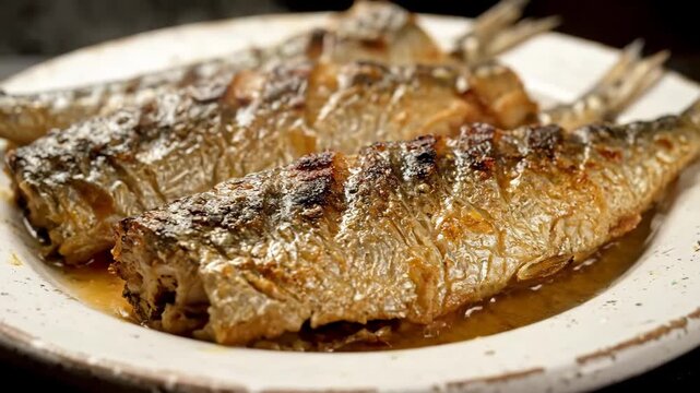 Close-up of traditionally grilled whole sardines (or small fish) on a rustic plate, featuring crispy golden-brown skin and savory simmering sauce. Delicious seafood appetizer or main course.