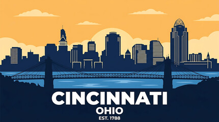 Fototapeta premium Vibrant Cincinnati Ohio cityscape with iconic bridge at sunset