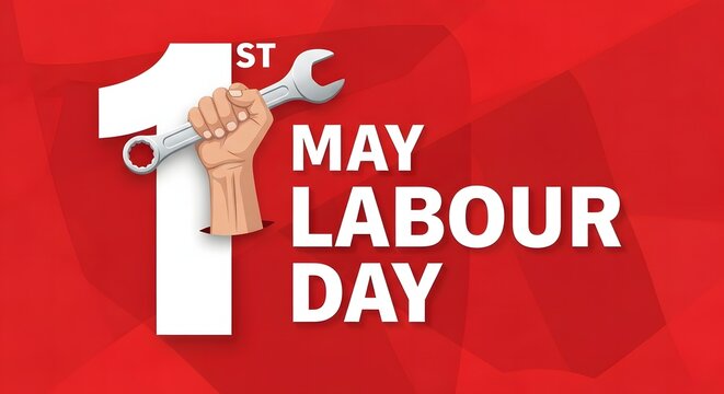 Happy 1st May Labour Day with Hand Holding a Wrench, Representing Workers' Strength and Industrial Celebration.