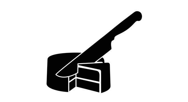 Simple black and white illustration of a cake being sliced with a knife, representing celebration or a party treat