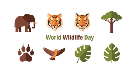 Fototapeta premium Flat design icons for World Wildlife Day featuring animals plants and a paw print