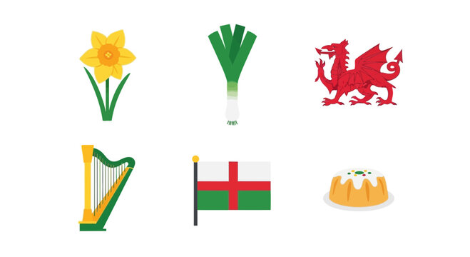 Six icons representing symbols of BritishWelsh culture flower vegetable dragon harp flag cake