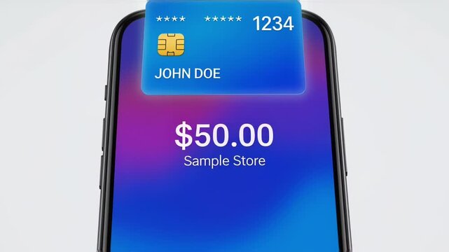 Modern smartphone payment interface displaying a $50 Sample Store transaction.
