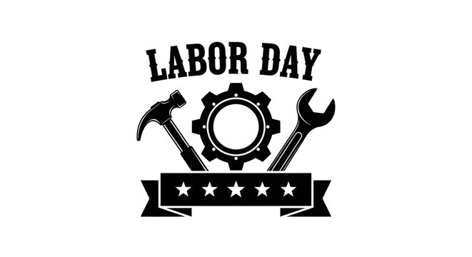 Labor Day Vector Graphic with Hammer, Wrench, Gear, and Stars on White Background
