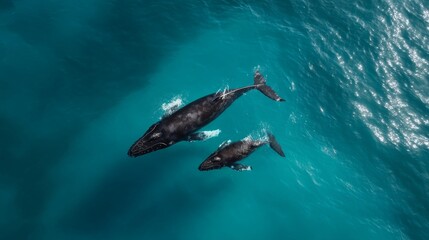 Fototapeta premium Humpback whale mother and calf swimming in turquoise ocean aerial view