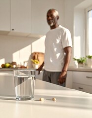 明るい朝のキッチンで撮影された、フォトリアルでシネマティックなスチル写真。
清潔なカウンターの上に、透明なグラスに入った水と、シンプルなビタミンタブレットが数錠、整然と置かれている。

