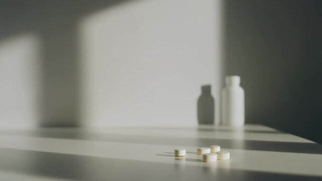 製薬広告を想定した、フォトリアルで洗練されたスチルイメージ。
明るい白を基調としたミニマルな室内に、サプリメントボトル。朝の強い自然光が差し込み、空間全体をクリアに照らしている。