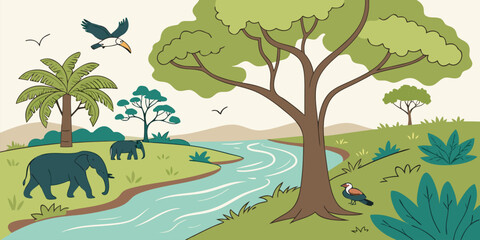 Fototapeta premium Two elephants graze near a winding river under a large tree canopy featuring a toucan and smaller birds flying overhead.