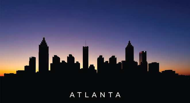 Silhouette of Atlanta city skyline at sunset with vibrant purple and orange hues