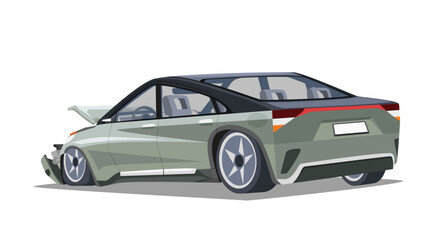 Fototapeta premium Separate layer of damage sedan car green color. Car front bumper was damaged. The front wheel came off and the tire was flat. Show inside car. On isolated white background.