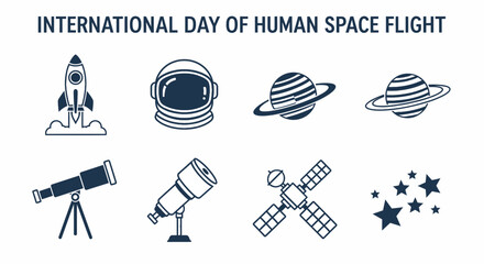 Graphic icons for International Day of Human Space Flight featuring a rocket astronaut helmet planets telescopes satellite and stars © Agung