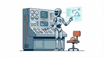 Fototapeta premium Illustration of AI robot managing factory control panel instead of human operator