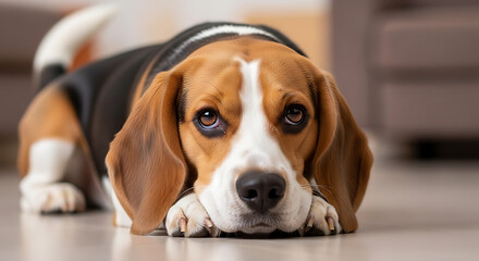 Adorable Beagle Dog Restfully Lying Down with Head Propped on Paws Gazing Forward with Melancholy Expressive Eyes and Sad Look in Indoor Domestic Setting.