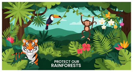 Rainforest animals including tiger monkey and toucan in lush green environment with protect our rainforests sign © Jameel