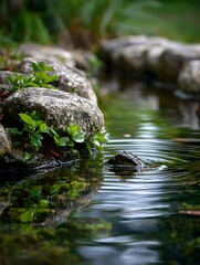 Obraz premium Kleine Schildkröte schwimmt zwischen Steinen in klarem Bachlauf