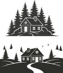 Fototapeta premium Vector graphics of cozy houses amidst pine trees in monochrome