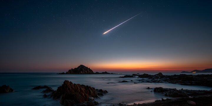 Meteorit &uuml;ber ruhiger Felsk&uuml;ste bei Sonnenuntergang mit Langzeitbelichtung