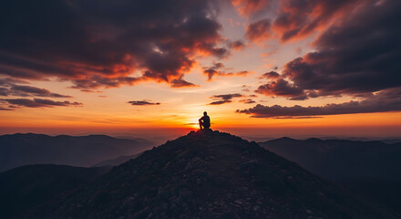 Fototapeta premium Lone Hiker Watching Sunset from Summit Mountain Peak Dramatic Sky Achievement