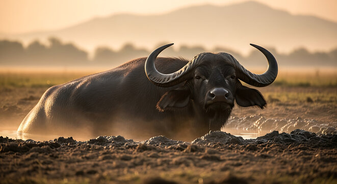 Majestic Water Buffalo Mud Wallow Mountain Sunrise Golden Light Fog Detailed Wildlife