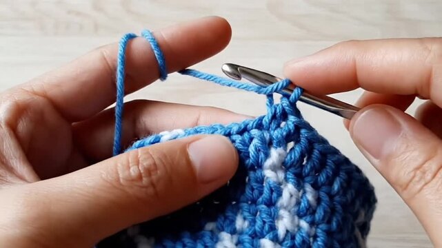 Close-up of hands crocheting blue and white yarn with hook