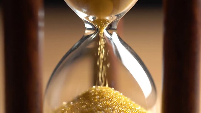 Closeup shot of golden sand flowing through an hourglass symbolizing the passage of time and the concept of urgency and deadlines in a business context.