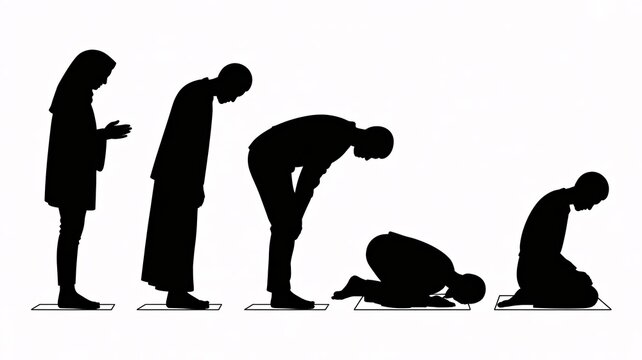 Prayer positions illustrated through silhouetted figures in various stages of prayer