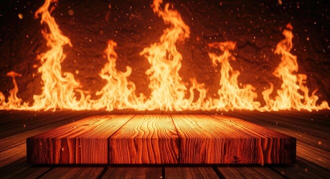 Intense flames engulfing a wooden platform on a dark wooden floor