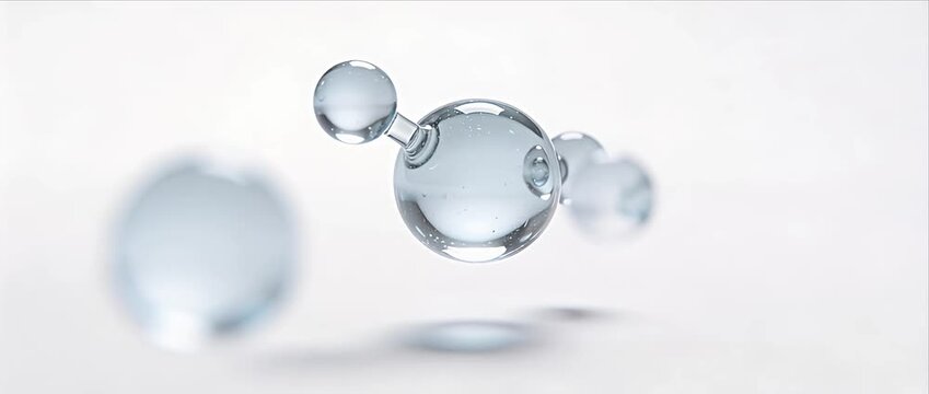 Molecule nanotechnology abstract bubble water purity floating sphere clean minimal background transparent liquid glossy droplet soft focus medical science chemistry hydrogen oxygen