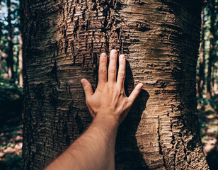 Close up POV hand touching rough textured bark of giant sequoia tree