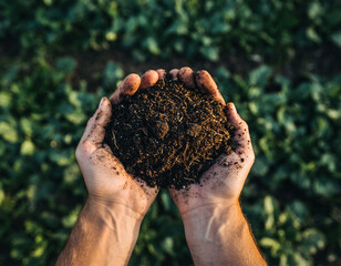Gardener POV holding handful of dark rich fertile soil in organic garden