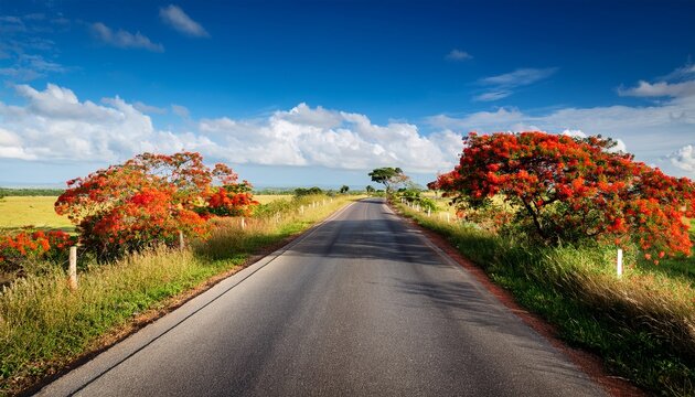 Country Road In The Countryside With Flamboyants And Blue Sky