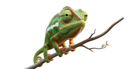 Fototapeta premium Vibrant green chameleon perched on a branch showcasing its unique scales and watchful eyes.