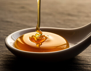 Golden Honey Dripping Slowly Over Smooth Curved Surface Macro Shot