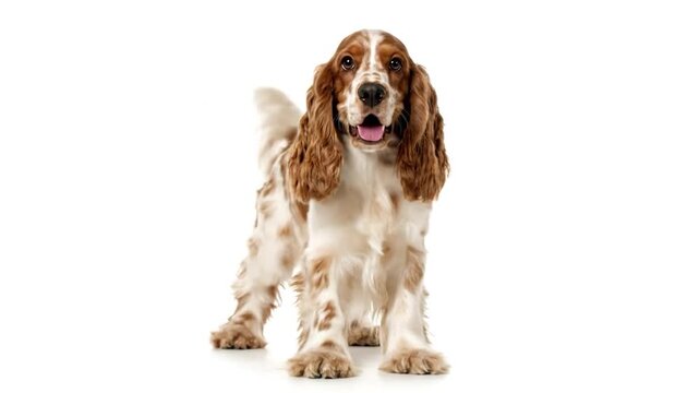 A brown and white Cocker Spaniel dog stands on white, looking forward with mouth open