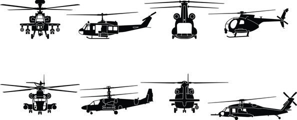 Military helicopter silhouette set, combat aviation aircraft collection, army transport chopper vector illustration isolated, air force helicopter silhouettes bundle © Ashadujjaman
