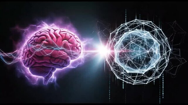 Human brain connecting with AI data network sphere