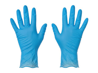 Fototapeta premium A pair of blue latex gloves with fingers spread apart and palms facing forward, typically used for medical or laboratory purposes, isolated on transparent background