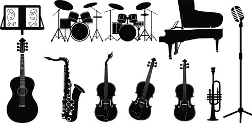 Musical instrument silhouette set, piano, guitar, violin, saxophone, trumpet, drums, microphone, orchestra icons, band design, performance tools © Hello World