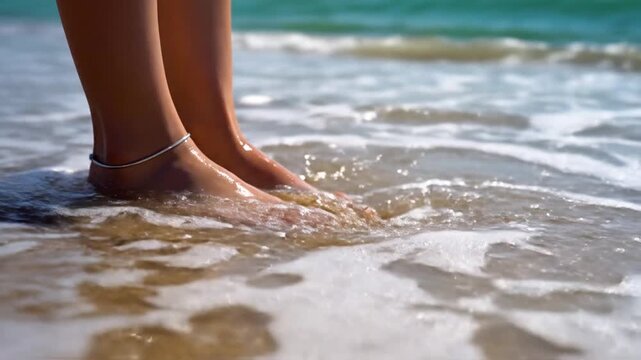 Bare female feet with anklet on tropical beach sand