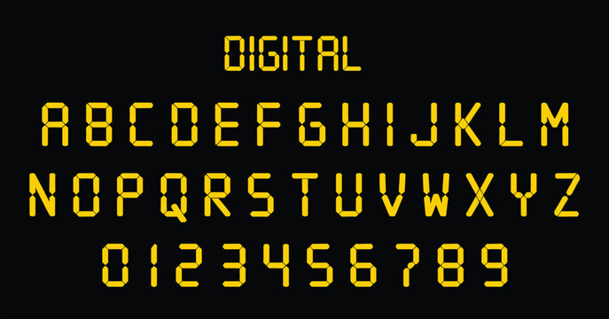 Yellow LED Style Digital Display Alphabet, vector illustration set featuring letters A to Z, numbers 0 to 9, retro electronic font, alarm clock and calculator display symbols, isolated flat vector 