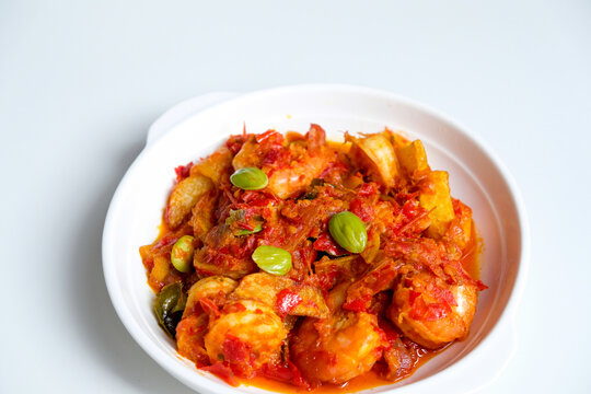 Indonesian homemade food, balado udang petai, made from stink bean or Parkia speciosa, prawn and red chili