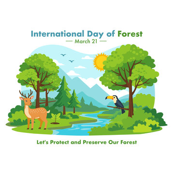 This illustration commemorates the International Day of Forests, celebrated annually on March 21st. It features silhouettes of trees and hills in the background.