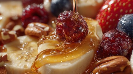 close-up of golden honey dripping over fresh banana slices, surrounded by fresh berries and chopped nuts, rich glossy texture emphasizing sweetness and freshness, macro food photography 