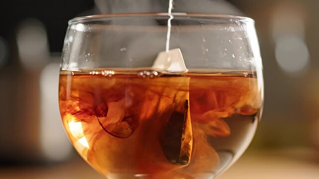 Close-up of tea spreading into hot water from a submerged tea bag in a glass.